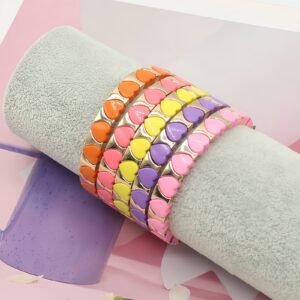 Bohemian Colorblock Beaded Bracelet with Gold-Rimmed Heart Charm and Handmade Beads