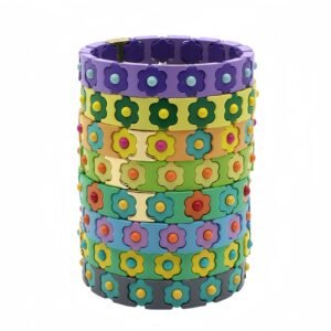 Colorful flower enamel bracelet with hand-painted details, Bohemian DIY colorblock stretch bracelet for women