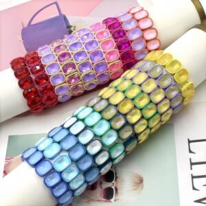 Colorful Macaron Crystal Enamel Tile Stretch Bracelet with Alloy Colorblock Beads