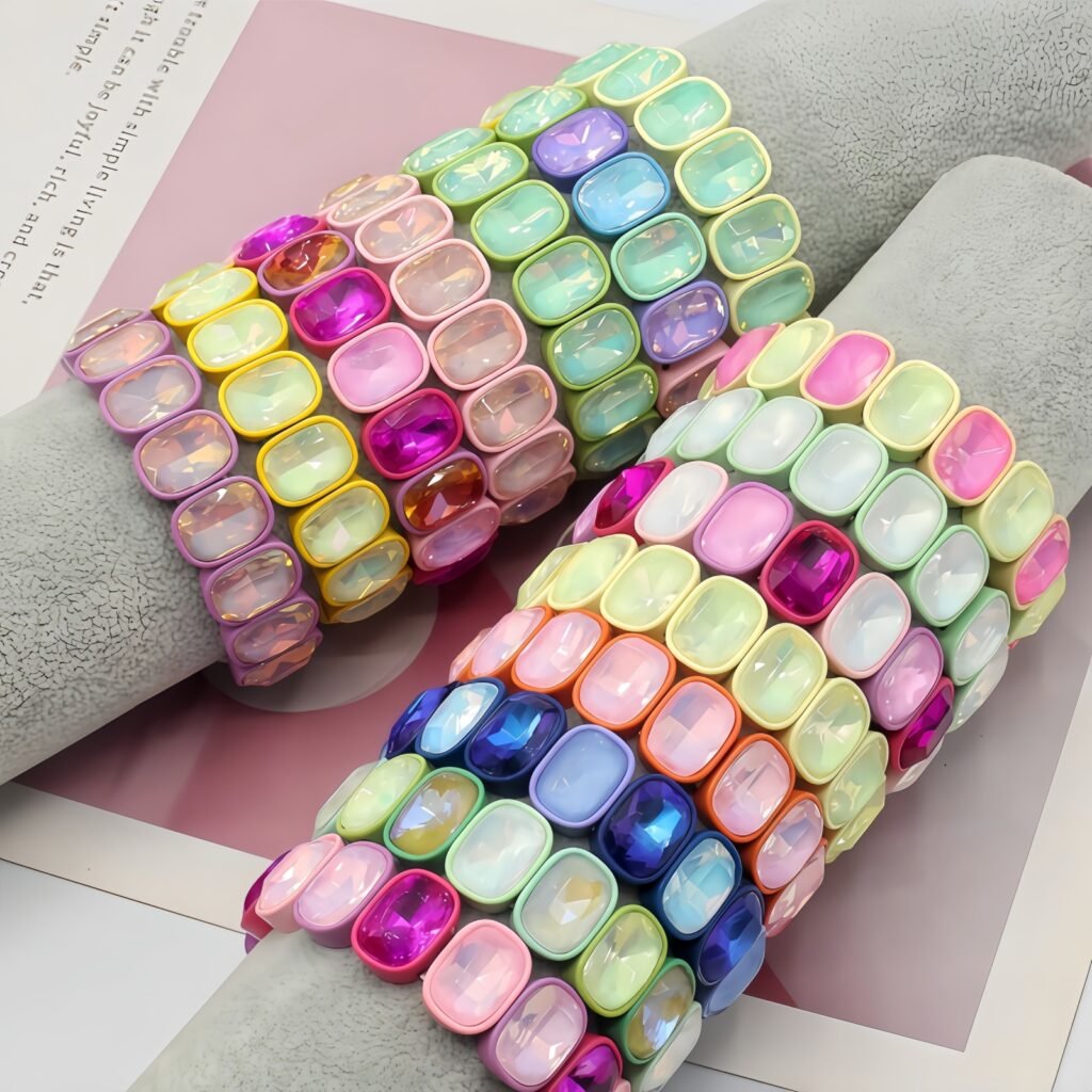 European and American colourful crystal macaron enamel tile stretch bracelet with alloy colorblock tile beads