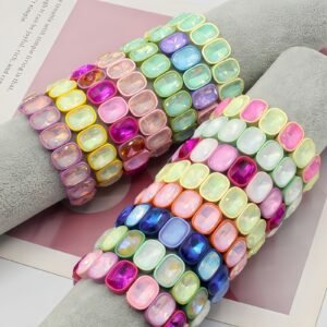 European and American colourful crystal macaron enamel tile stretch bracelet with alloy colorblock tile beads
