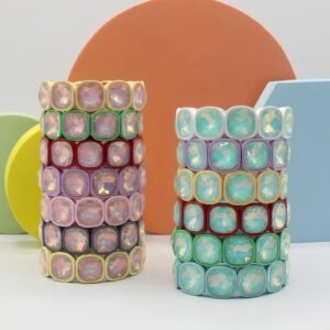 Handmade square mocha crystal enamel tile stretch bracelet with rainbow colorblock beads