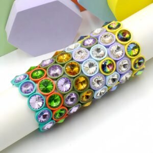 Mocha crystal elastic cuff enamel bracelet with square rainbow colorblock Tila beads and stackable design.
