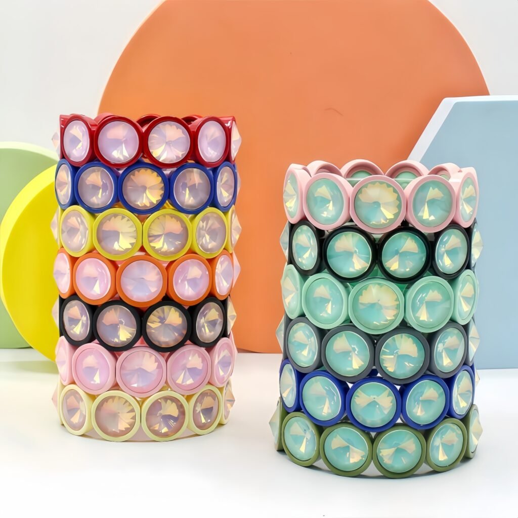 Colorful Crystal Enamel Tile Stretch Bracelet with Rainbow Geometric Beads