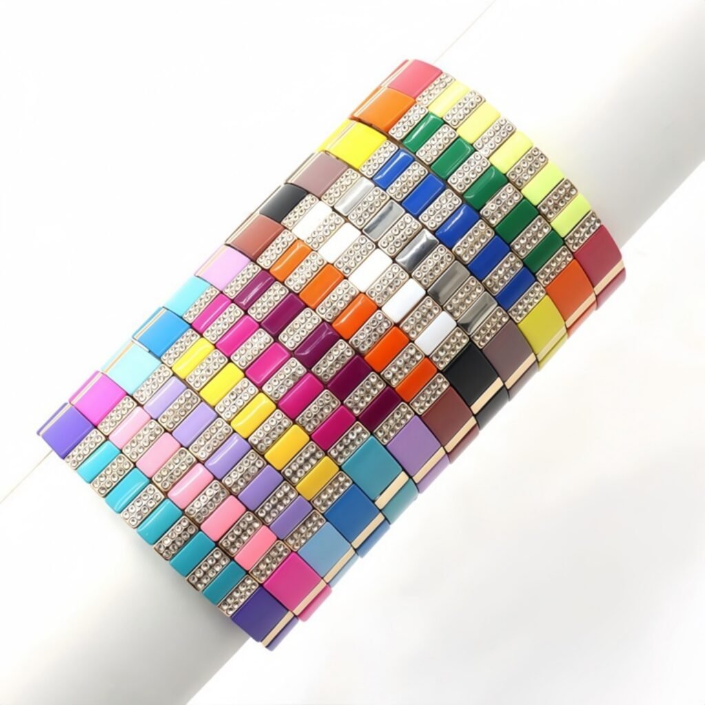 Wholesale geometric enamel tile bracelet with colorful dot, diamond and rectangular beads, stackable stretch bracelet for women