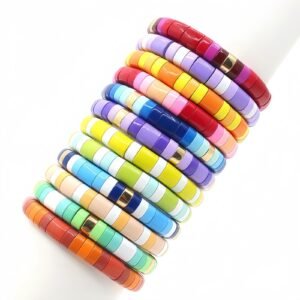Bohemian colorful macaron enamel tile bead elastic stretch bracelet for women with stackable summer fashion jewelry design