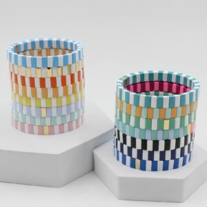 Bohemian macaron color enamel bracelet with colorful tile beads and elastic stretch design