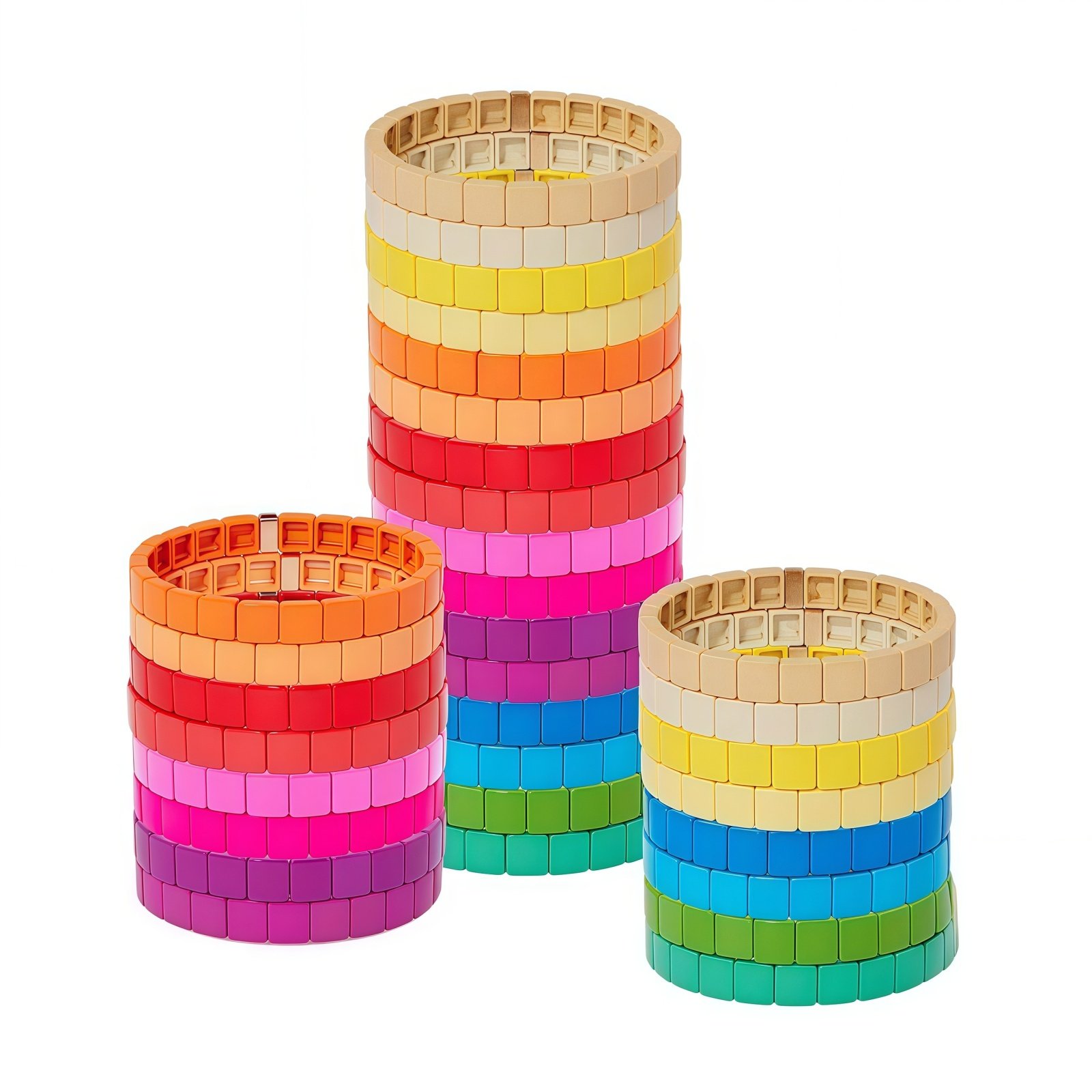 Rainbow enamel tile bead stretch bracelet for women with gradient color geometric square beads and colorful stackable design