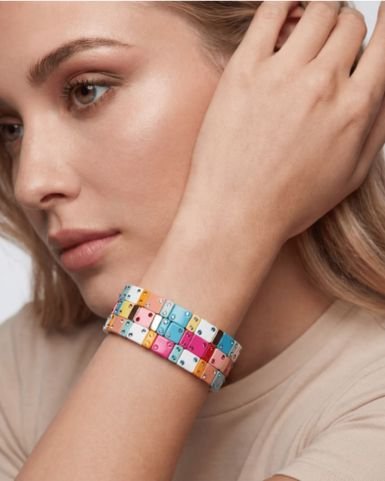 Enamel tile bracelet with colorful tile beads and stretch design for women