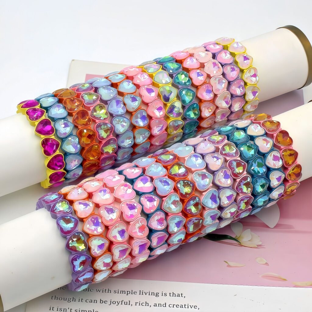 Heart enamel bracelet for women with crystal diamond heart charm and rainbow colorblock Tila tile beads