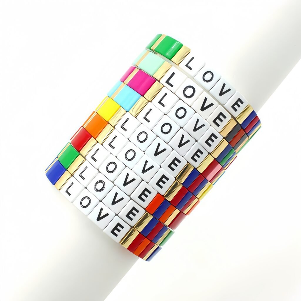 Colorful LOVE letter enamel tile bead bracelet with elastic stretch band for women