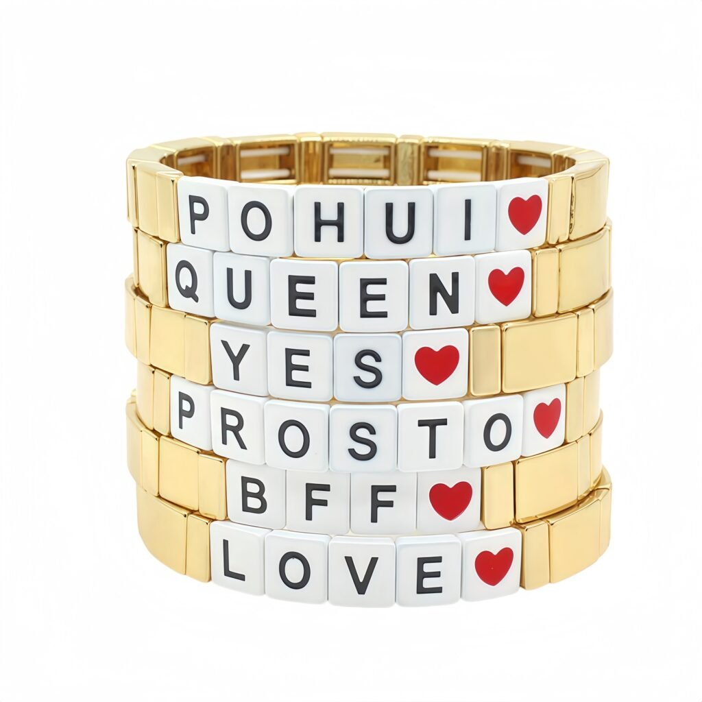 Personalized gold letter enamel bracelet for women with peach heart oil painting beads and custom initial stretch design