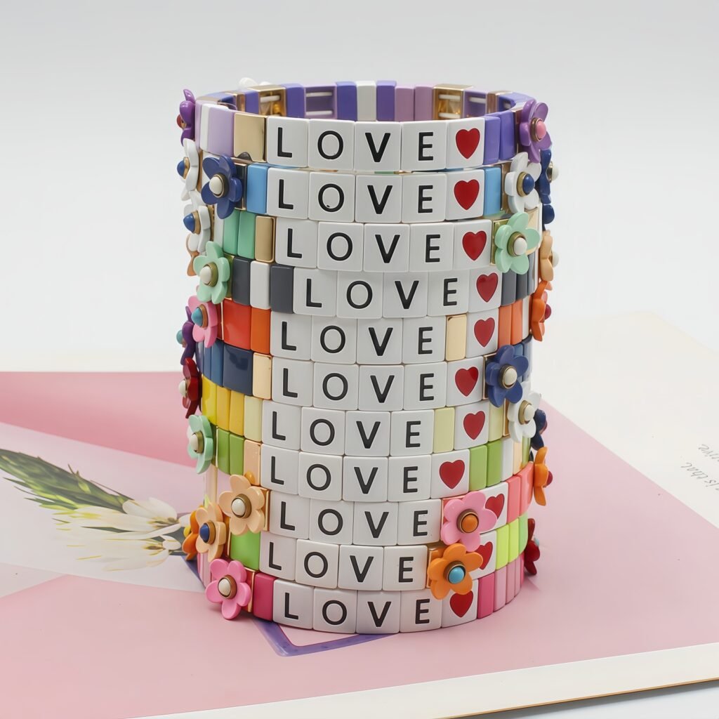 LOVE Flower Enamel Bracelet for Women with Letter Heart Charm, Colorful Geometric Colorblock Elastic Stretch Bracelet
