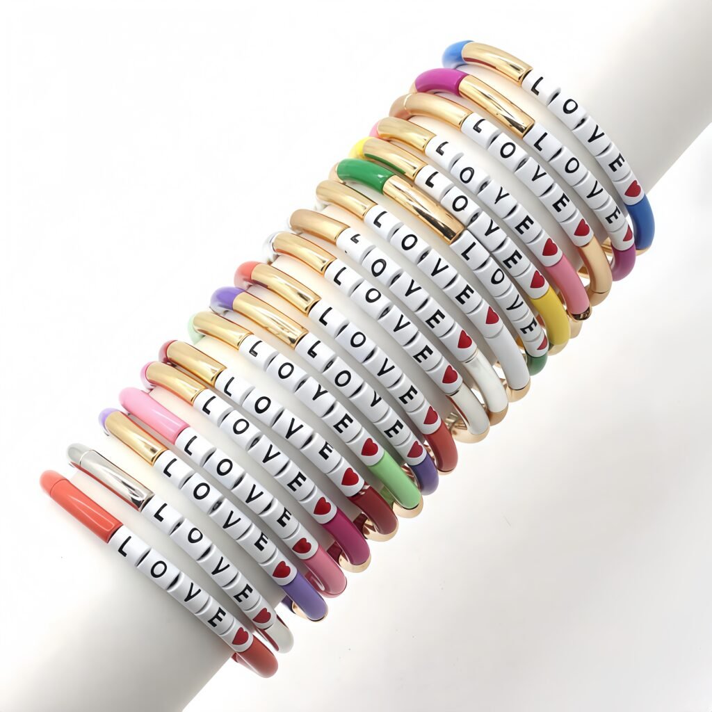 Love Heart Enamel Stretch Bracelet for Women with Colorful Colorblock Tile Beads, Bohemian Elastic Fashion Jewelry