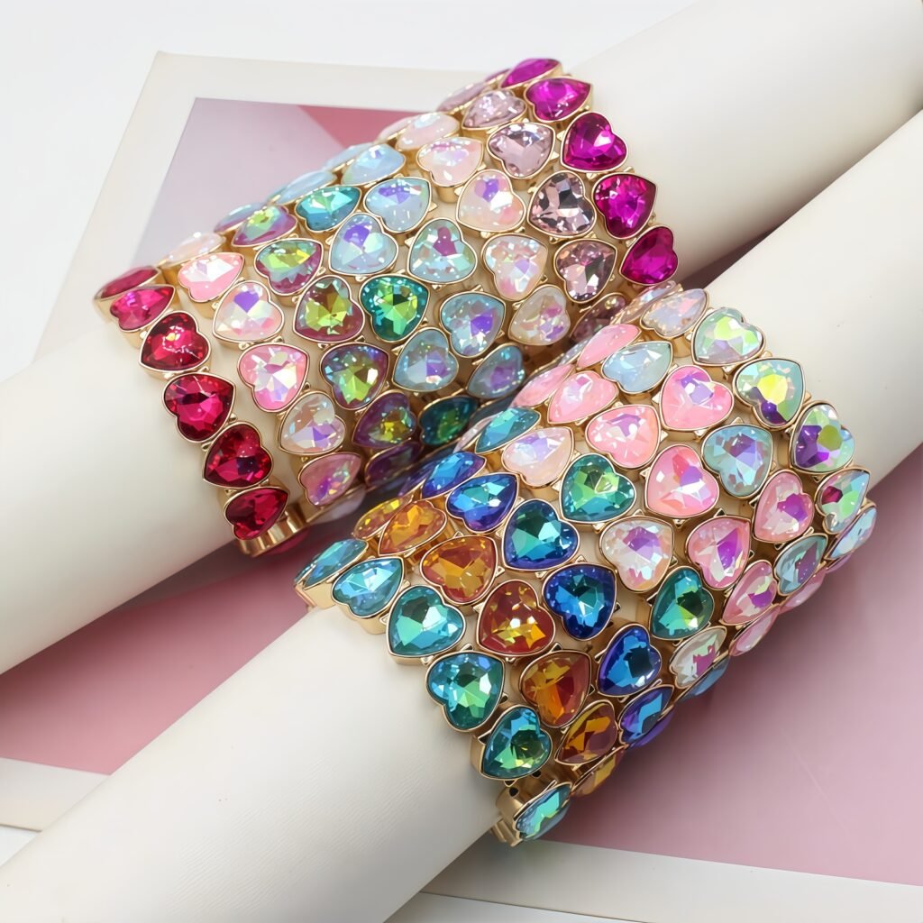 Mocha heart enamel bracelet with crystal diamond charm and colorful rainbow Tila tile beads