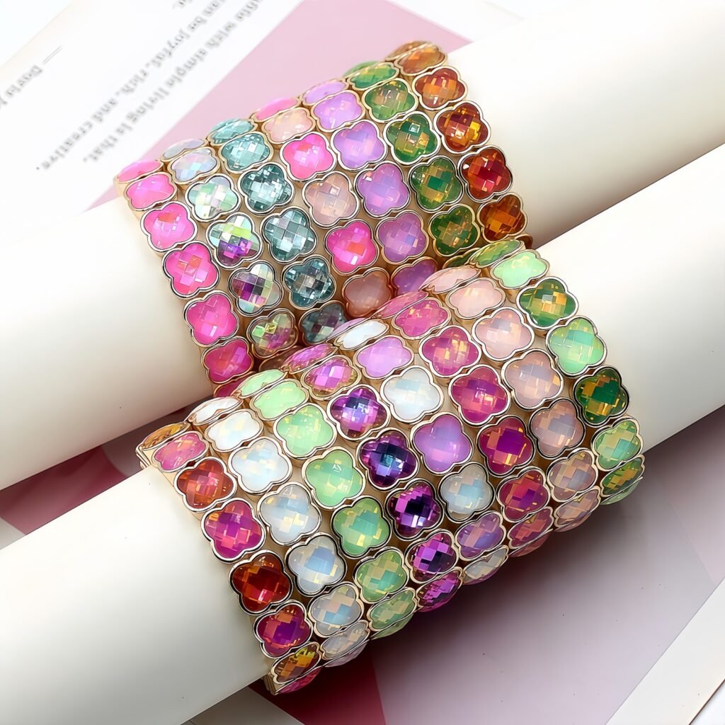Rainbow crystal clover bracelet for women with colorful gemstone beads and gold tone four leaf charm