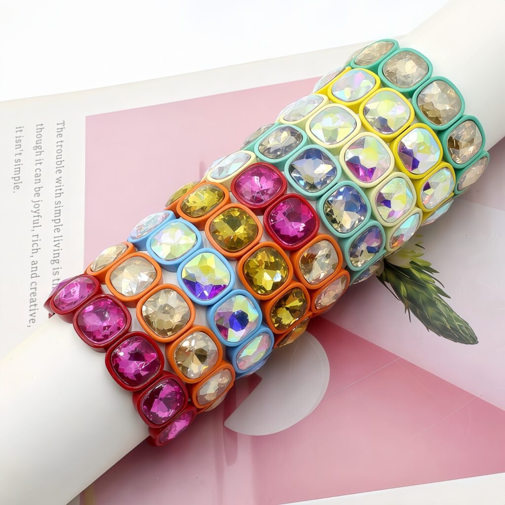 Rainbow crystal tile bracelet for women with colorful square gemstone beads and crystal colorblock stretch design